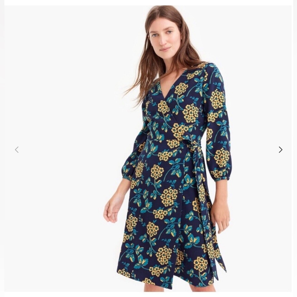 NWT J.Crew Golden Floral  Wrap Dress in 365 Crape  Navy/Yellow